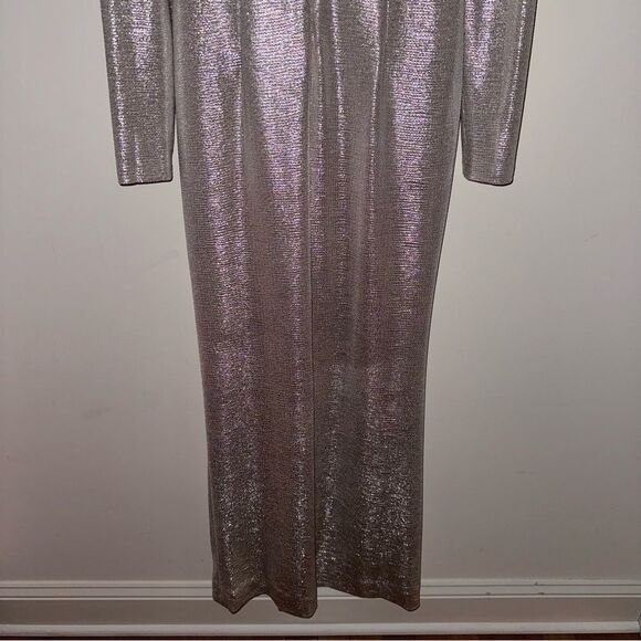 Eliza J Silver Metallic V-Neck Twist Front Plunging Long-Sleeve Wrap Gown - Picture 11 of 15